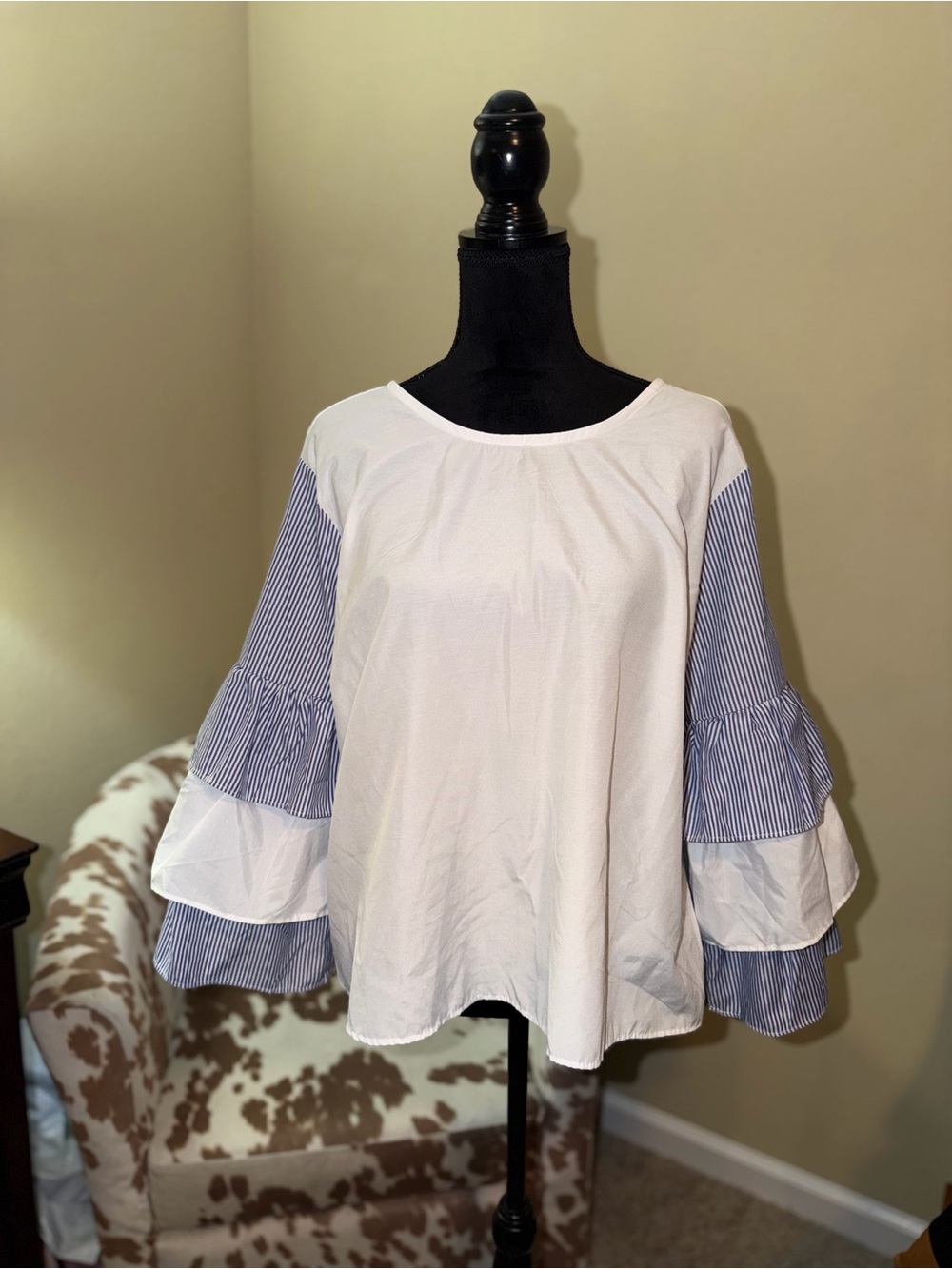 Relaxed White Blouse with Blue Pinstripe Tiered Sleeves